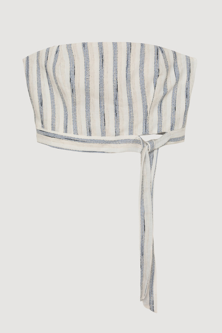 Çizgili Bağlamalı Straplez Keten Bluz Mavi