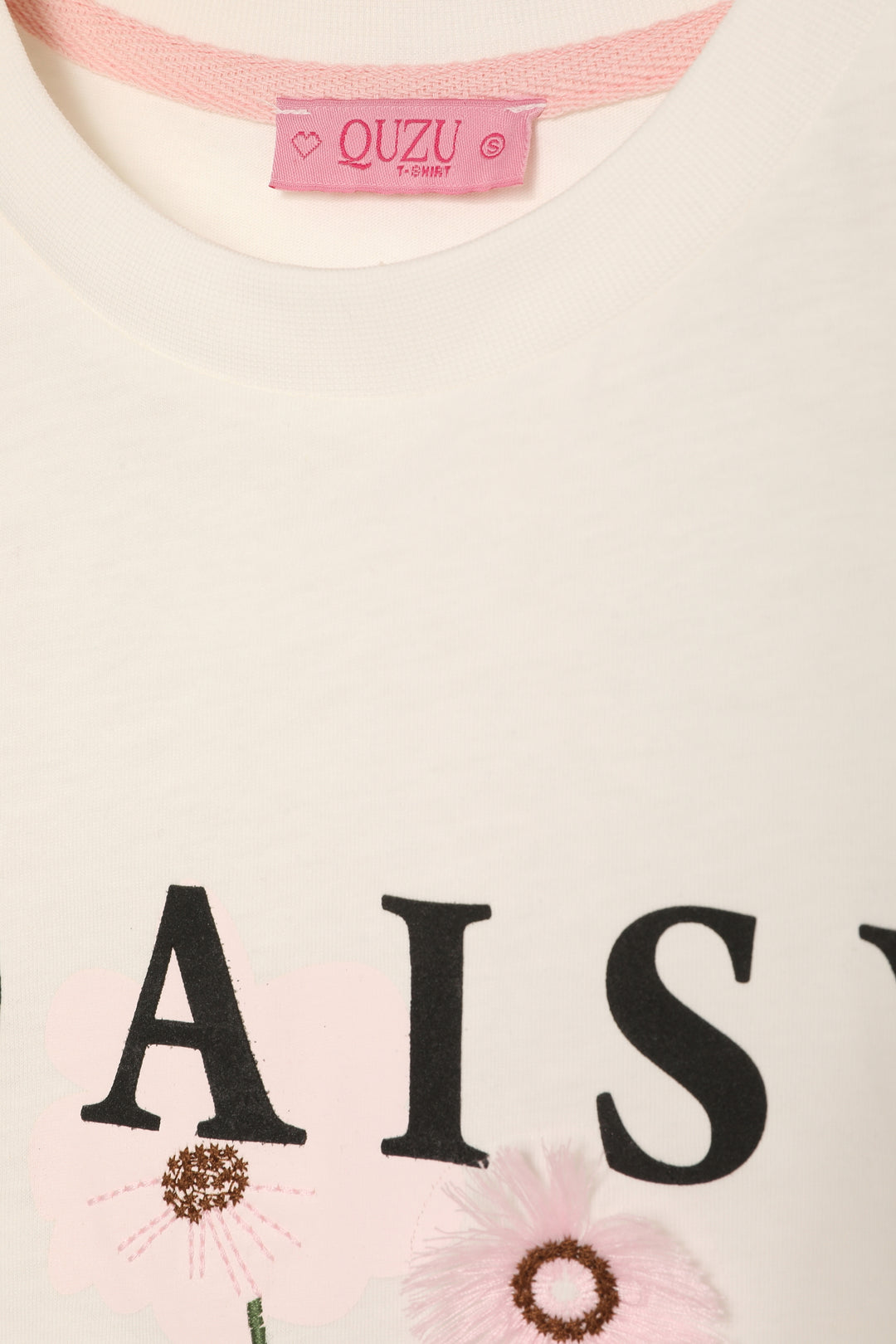 Püskül Çiçekli Yazı Baskılı Tişört Ekru