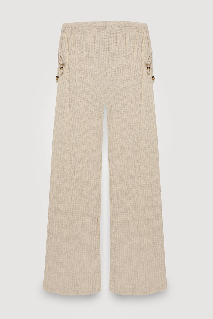 Yanları Boncuk Bağlamalı Gofre Pantolon Taş