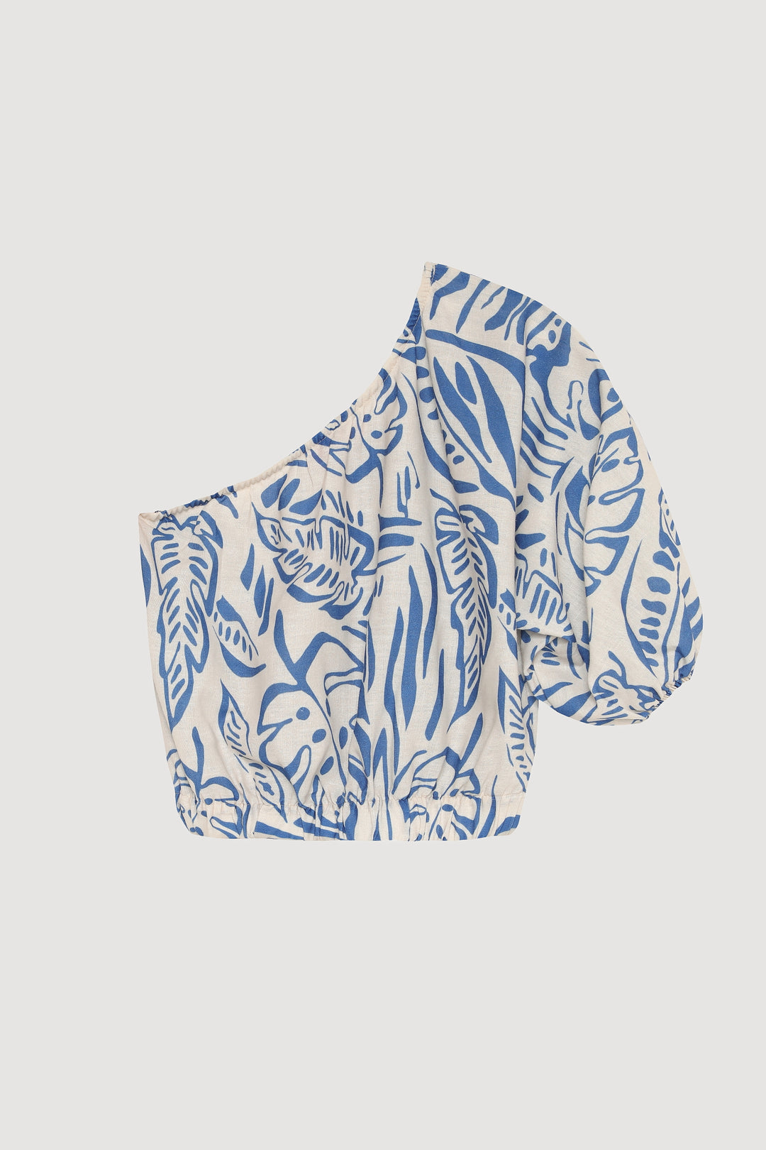 Tropik Desenli Tek Omuz Crop Bluz Mavi