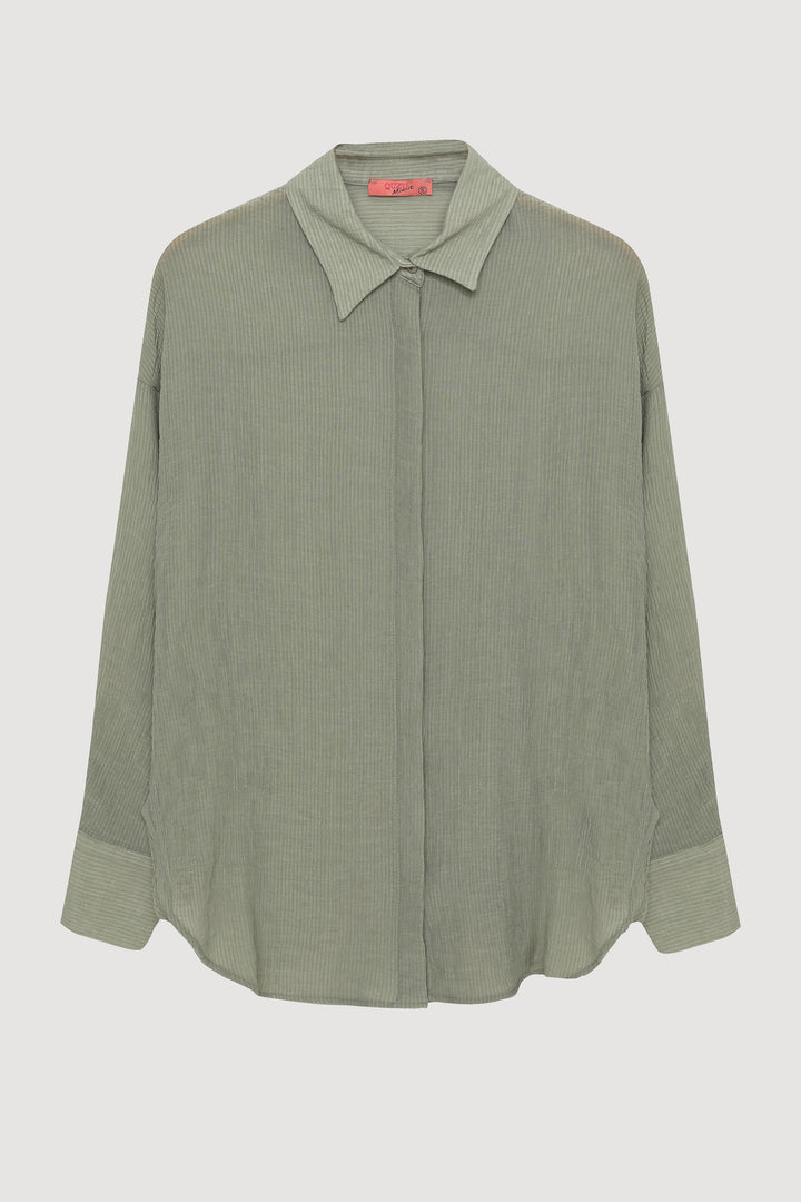 Düğmeli Oversize Dokulu Gömlek Haki