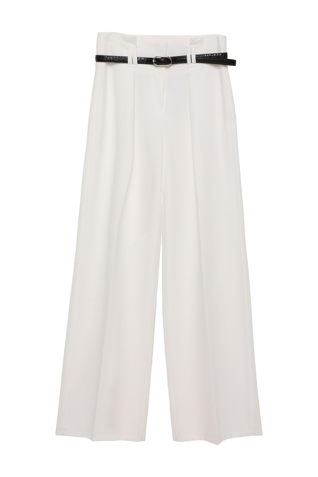 Kemer Detaylı Yüksek Bel Geniş Paça Pantolon Ekru