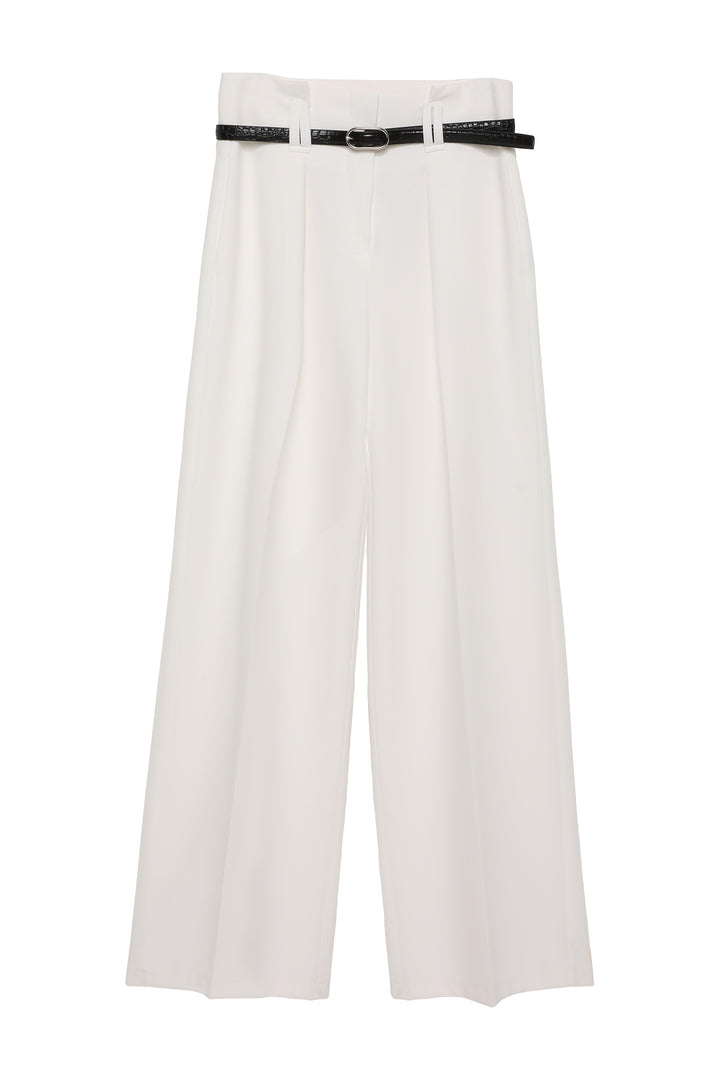 Kemer Detaylı Yüksek Bel Geniş Paça Pantolon Ekru