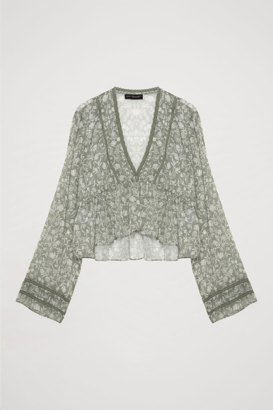 V Yaka Çiçek Desenli Fırfırlı Şifon Bluz Mint