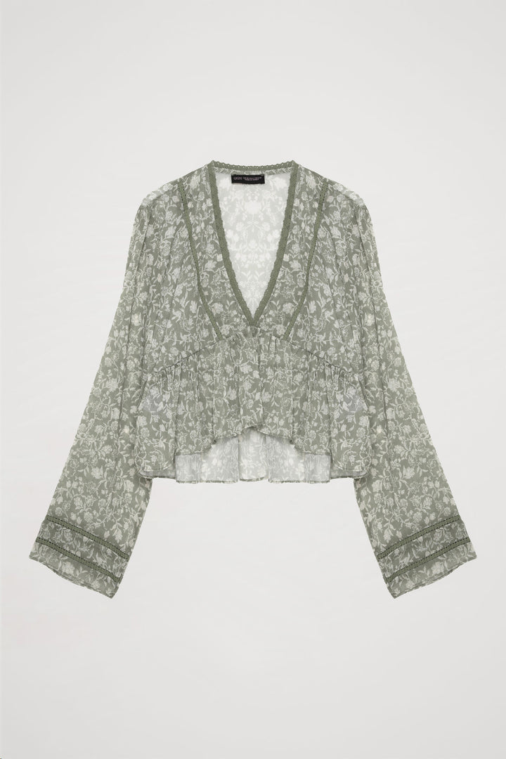 V Yaka Çiçek Desenli Fırfırlı Şifon Bluz Mint