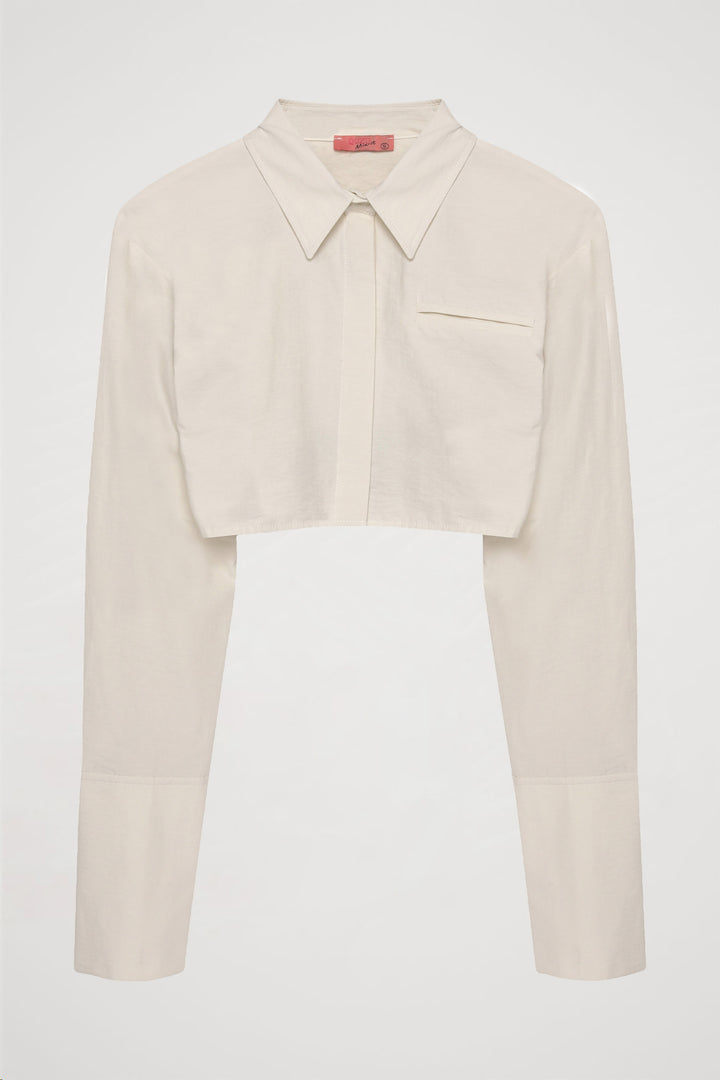 Sırtı Dekolte Kemerli Crop Gömlek Taş