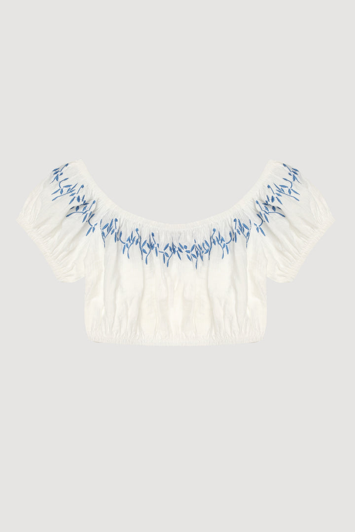 Nakış Detaylı Balon Kol Crop Bluz Ekru