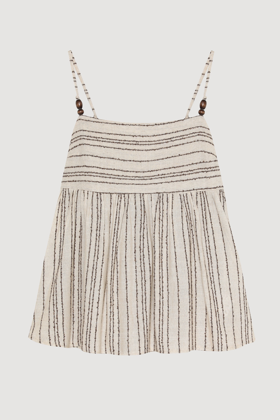 Sırtı Fiyonk Bağlamalı İnce Çizgili Keten Bluz Naturel