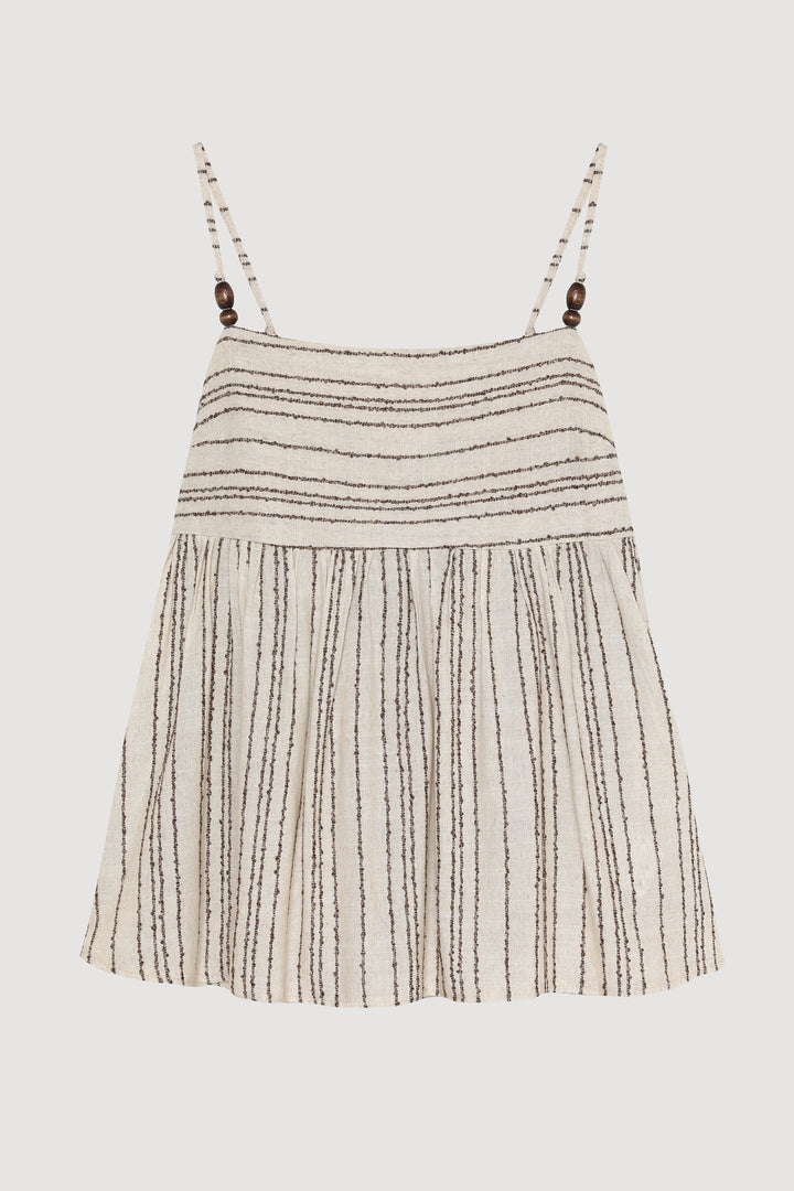 Sırtı Fiyonk Bağlamalı İnce Çizgili Keten Bluz Naturel