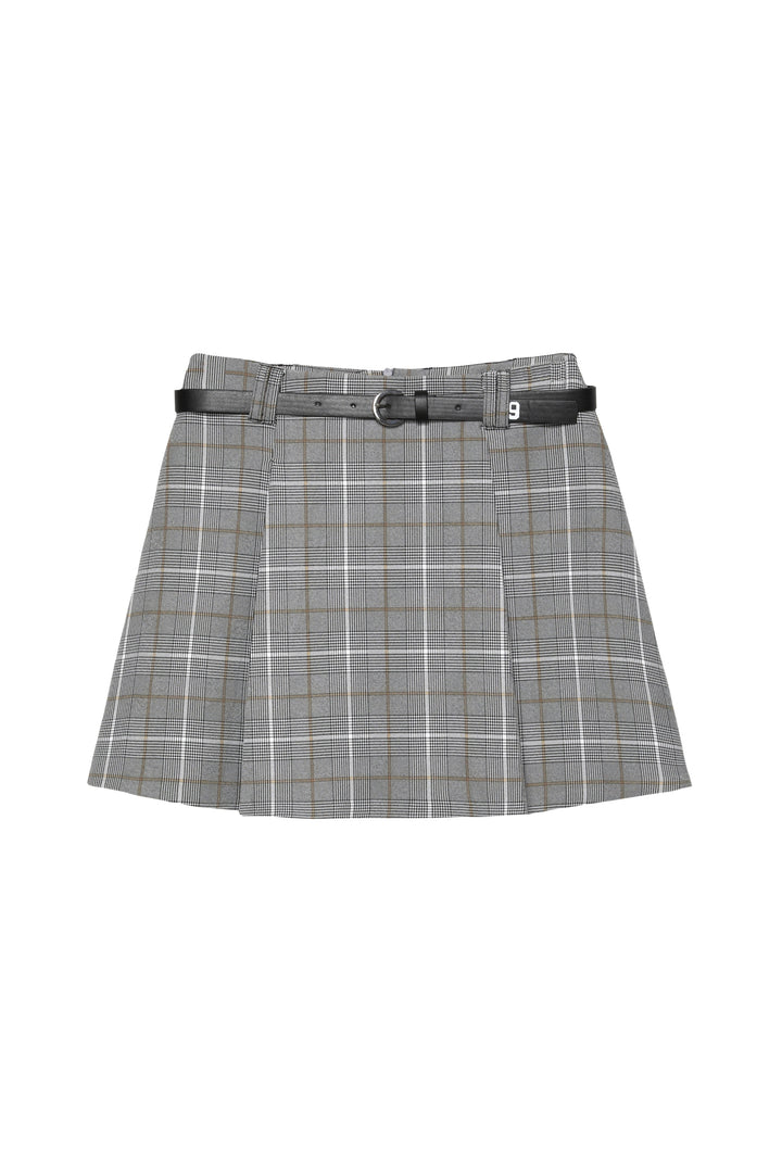 Kemer Aksesuarlı Kareli Mini Etek Gri