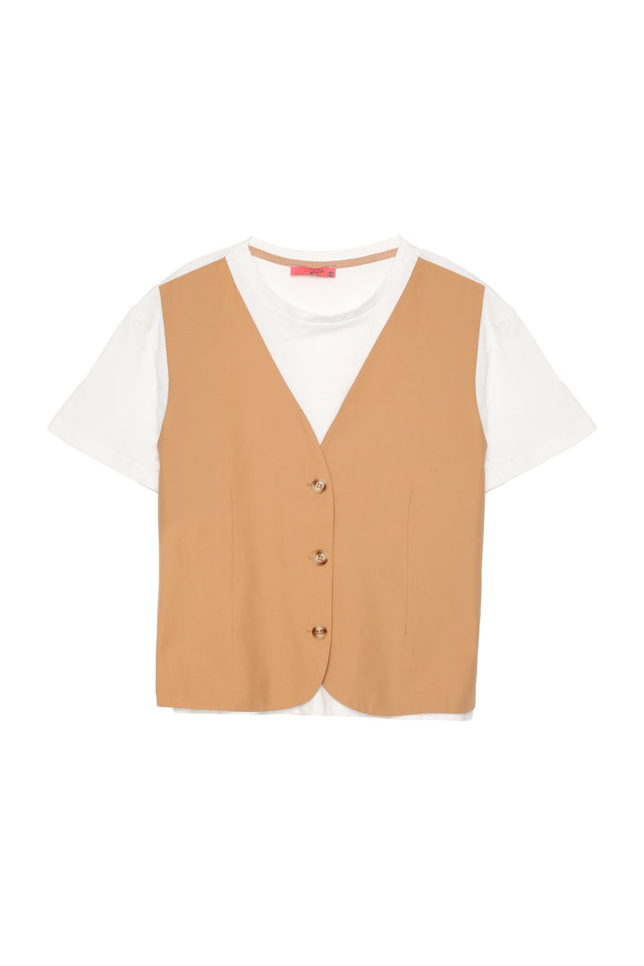 Yelek Detaylı Tişört Camel