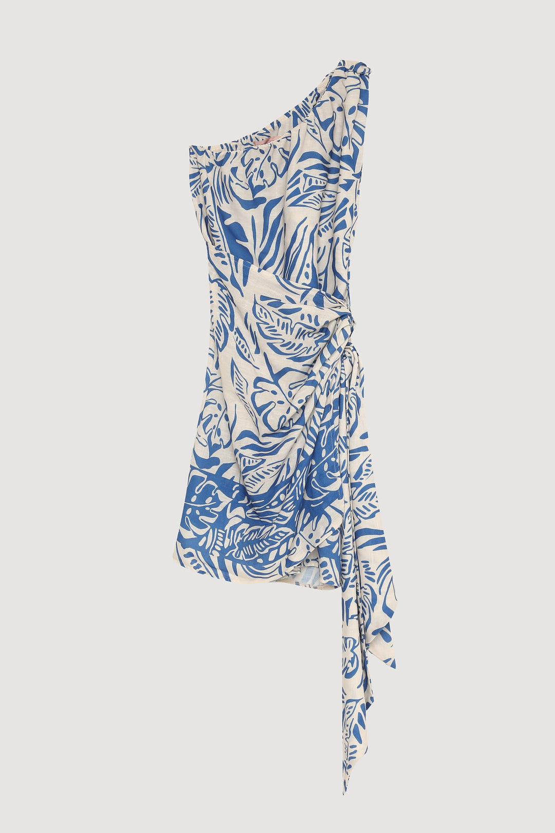 Yaprak Desenli Tek Omuz Büzgülü Elbise Mavi