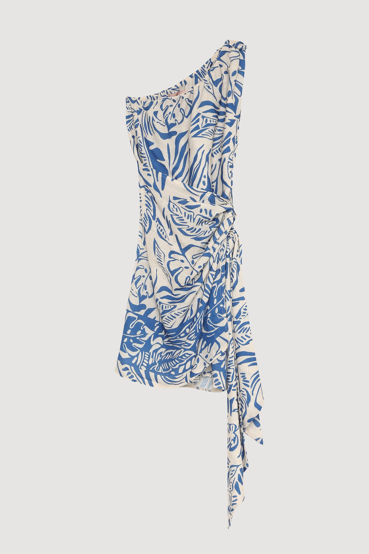 Yaprak Desenli Tek Omuz Büzgülü Elbise Mavi