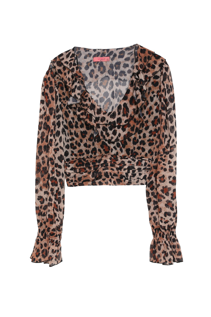 Leopar Desenli Crop Tül Bluz Kahverengi