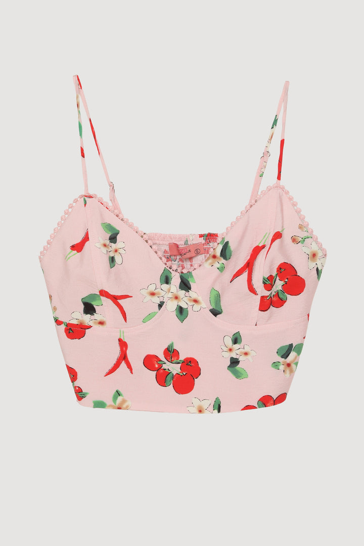 Domates Desenli Askılı Crop Bluz Pembe