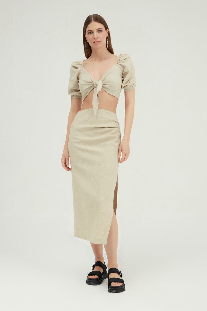 Slit Linen Midi Skirt Natural
