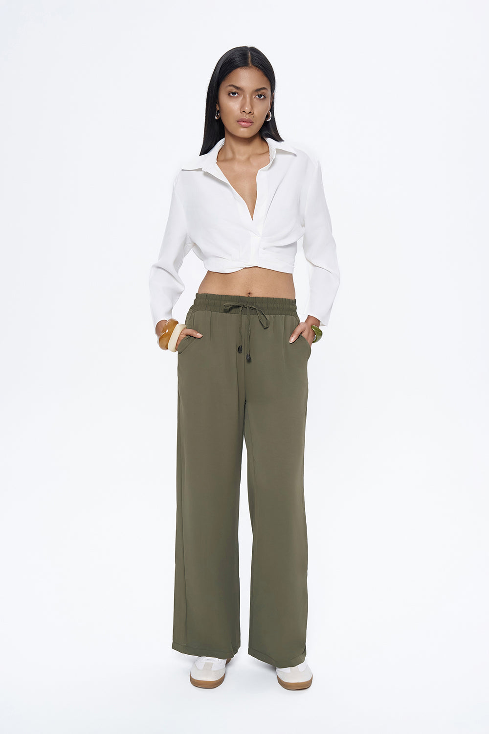 Elastic Waist Wide Leg Trousers Khaki