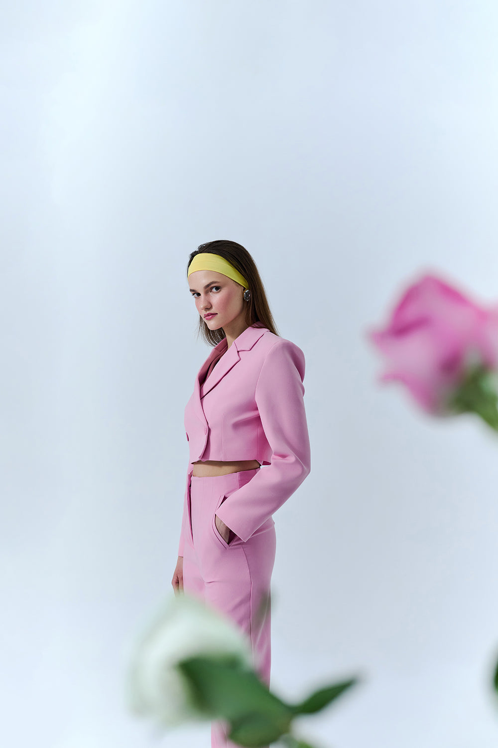 Double Breasted Crop Blazer Jacket Pink