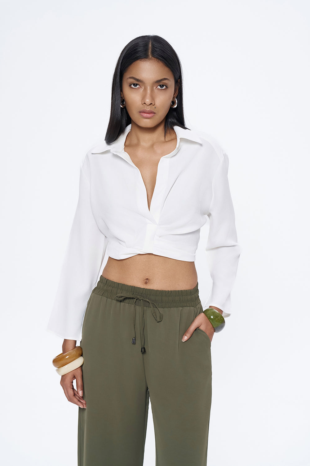 Elastic Waist Crop Shirt White