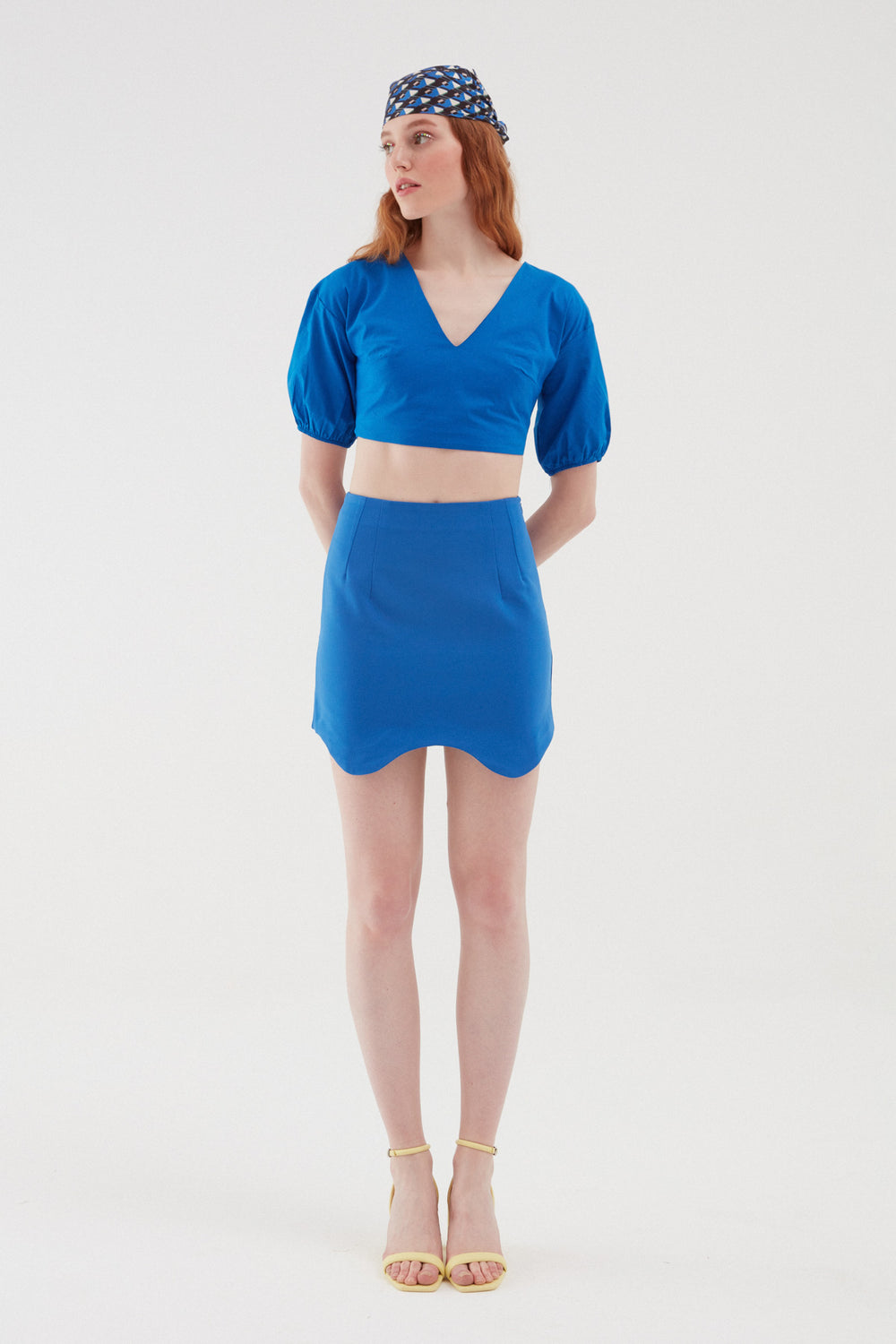 Balloon Sleeve Low Back Blouse Sax