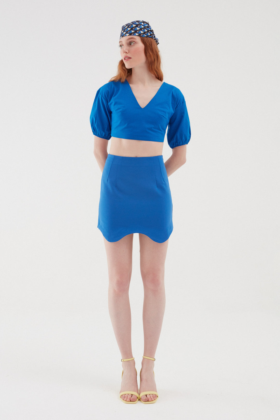 Balloon Sleeve Low Back Blouse Sax