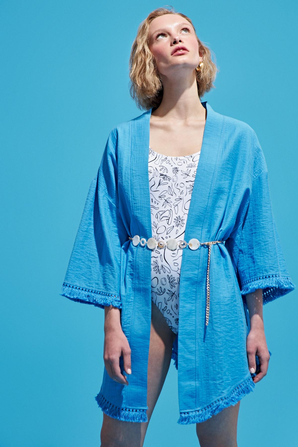 Zincir Aksesuarlı Püsküllü Kimono Mavi