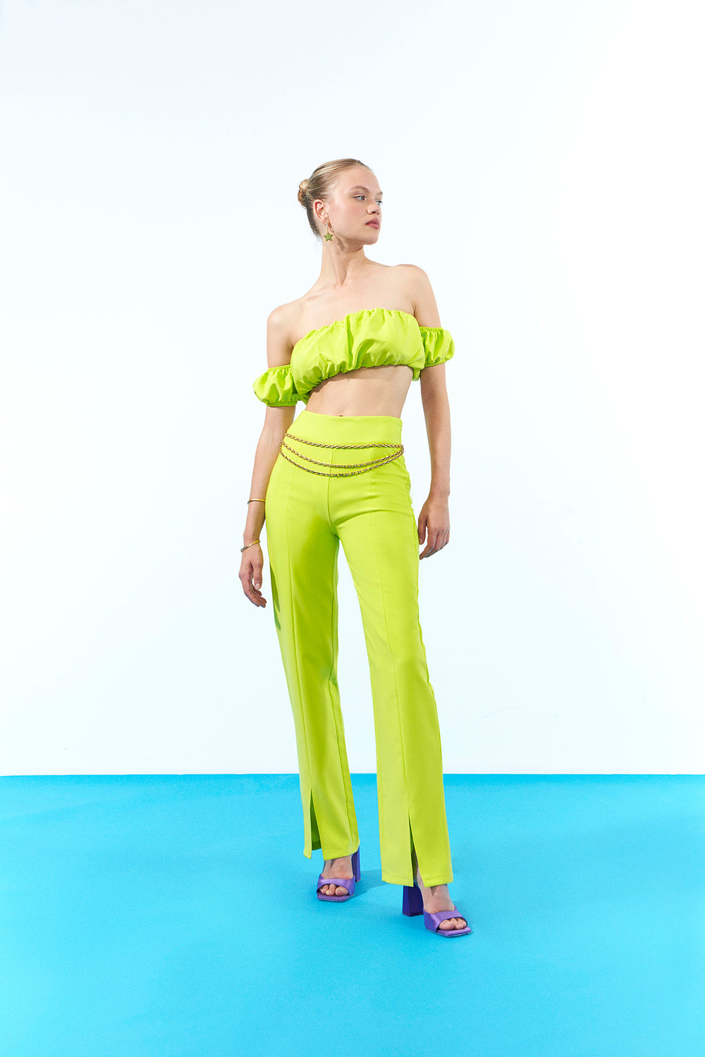 High Waist Slit Trousers Neon Green