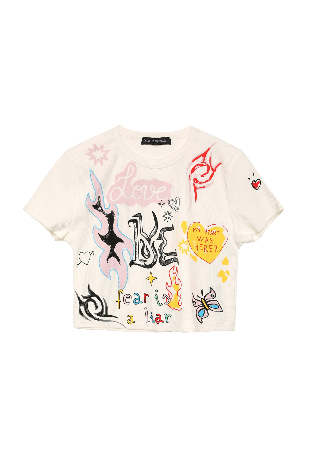 Print Detailed Corduroy Crop T-Shirt Ecru
