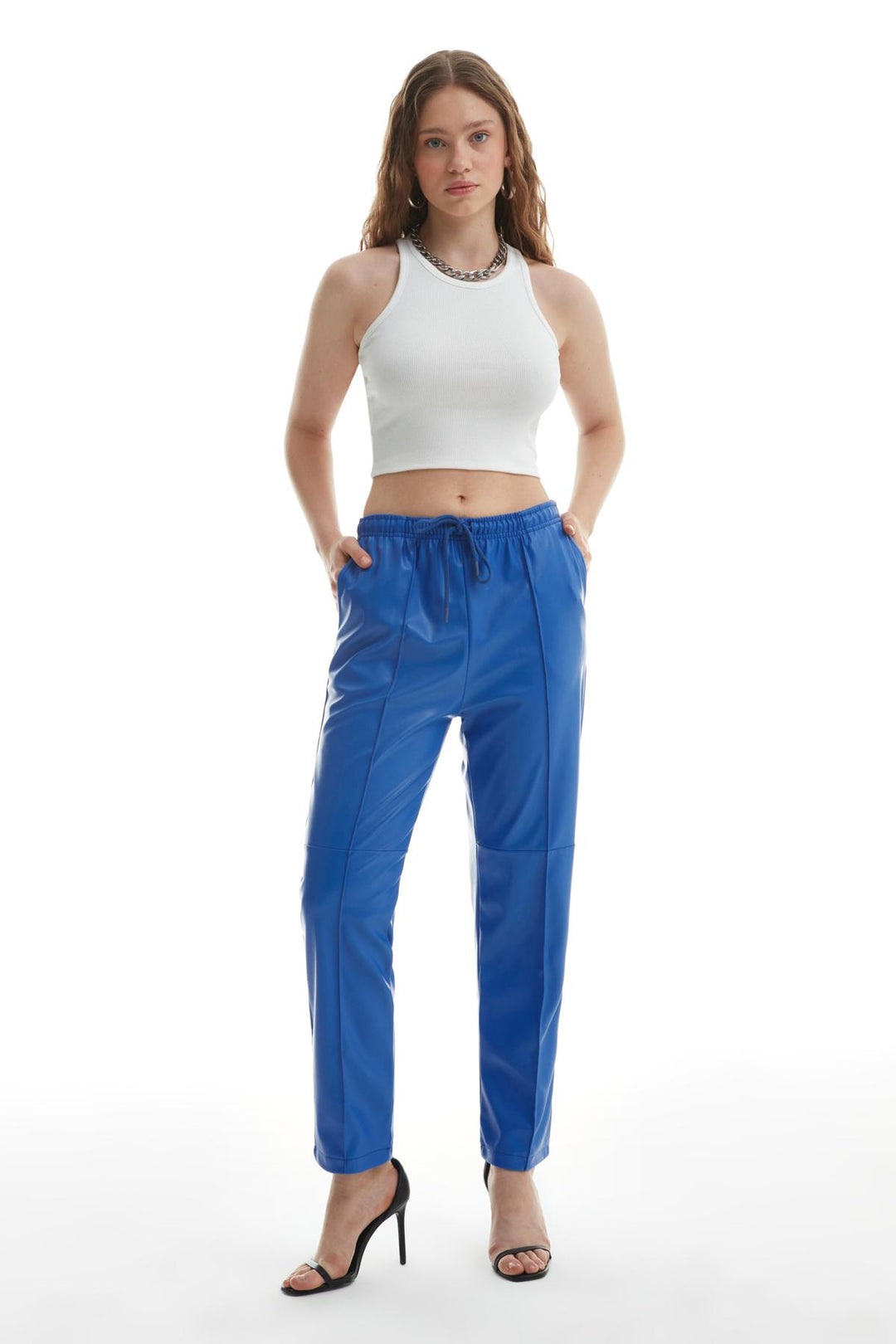 Elastic Waist Leather Trousers Dark Blue