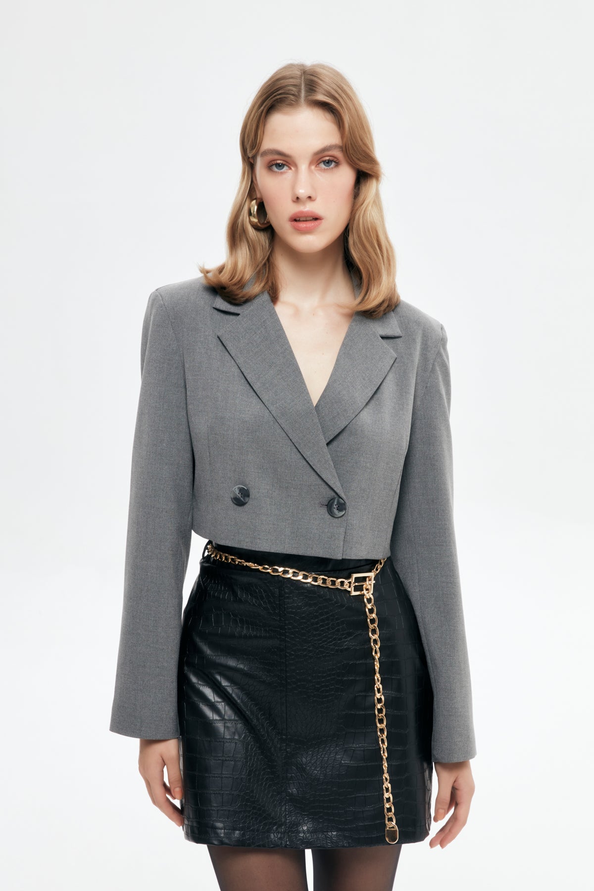 humoresque グレー シルクshort sleeves jacket Vatka Detaylı Crop Blazer Ceket Gri – QUZU