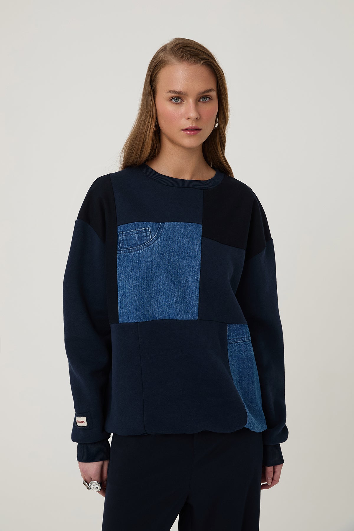 Denim Blok Detaylı Sweatshirt Lacivert