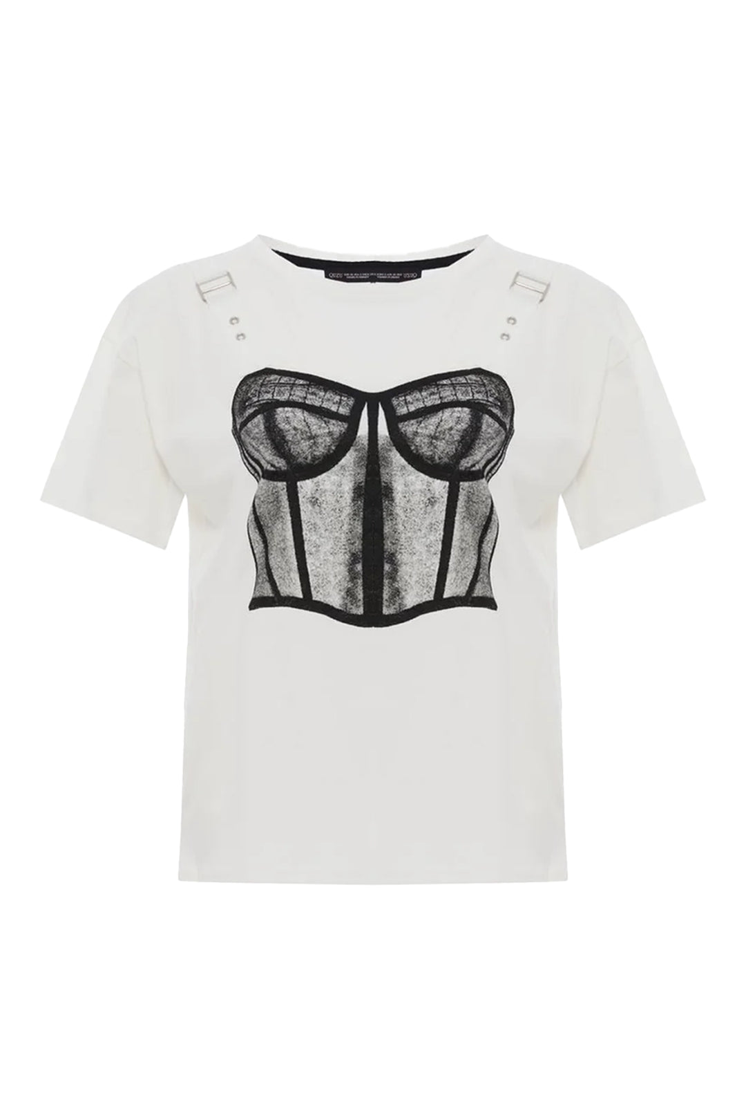 Eskitme Baskılı Tişört Ekru