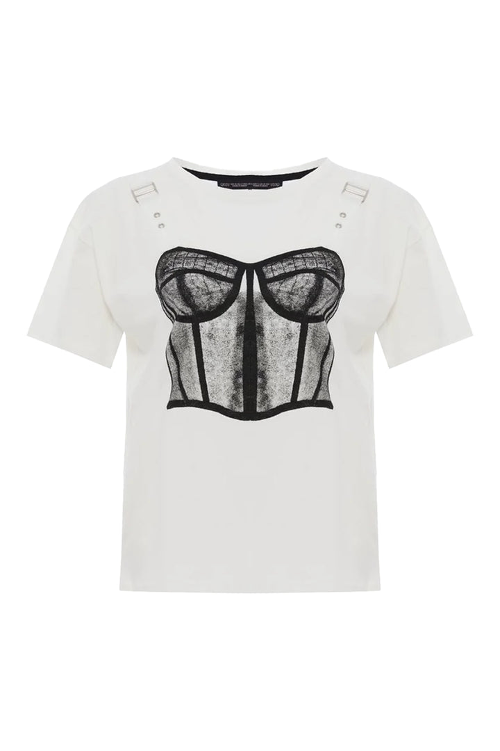 Eskitme Baskılı Tişört Ekru