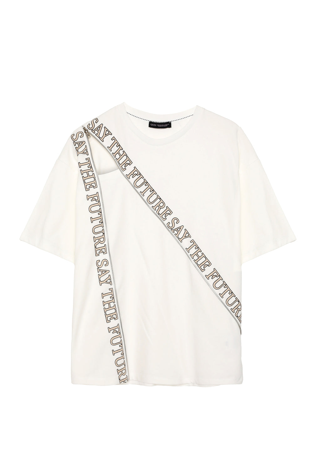 Yazı Baskılı Fermuar Aksesuarlı Tişört Ekru