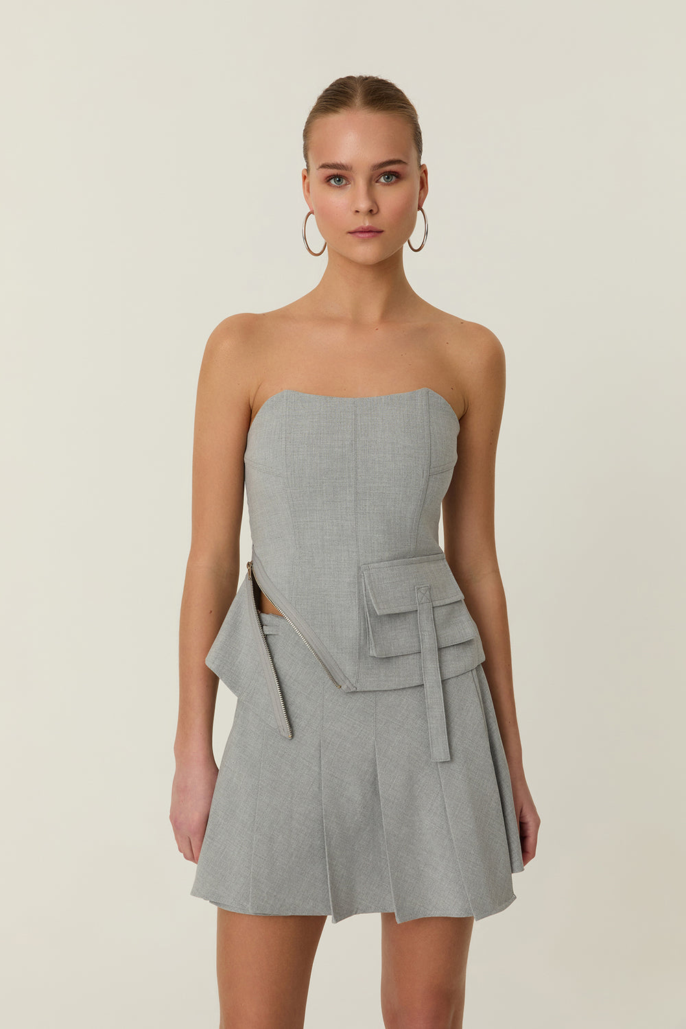 Fermuar Detaylı Straplez Bluz Açık Gri