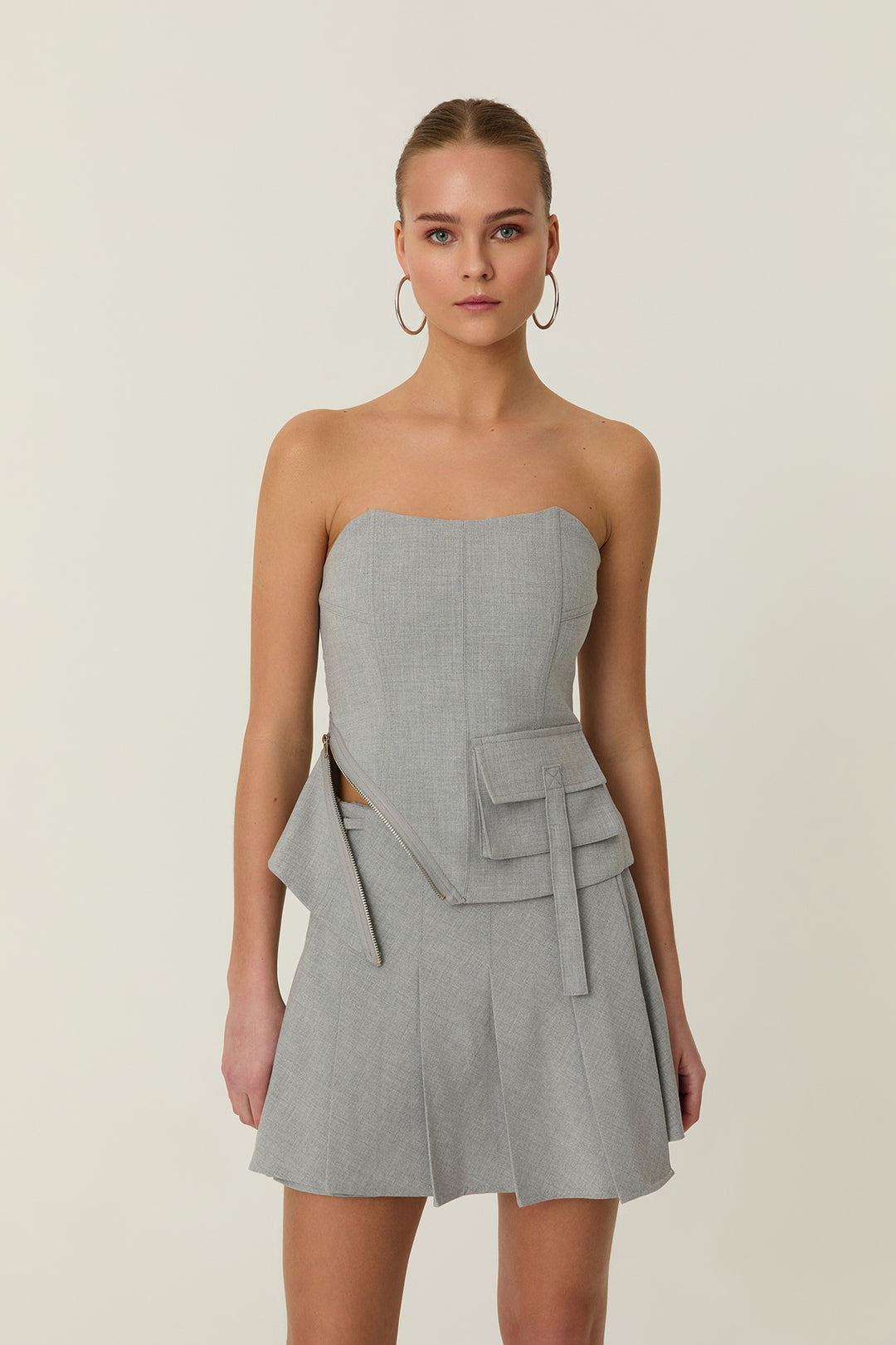 Fermuar Detaylı Straplez Bluz Açık Gri