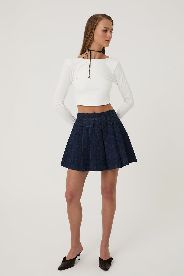 Pile Detaylı Mini Kot Etek Mavi