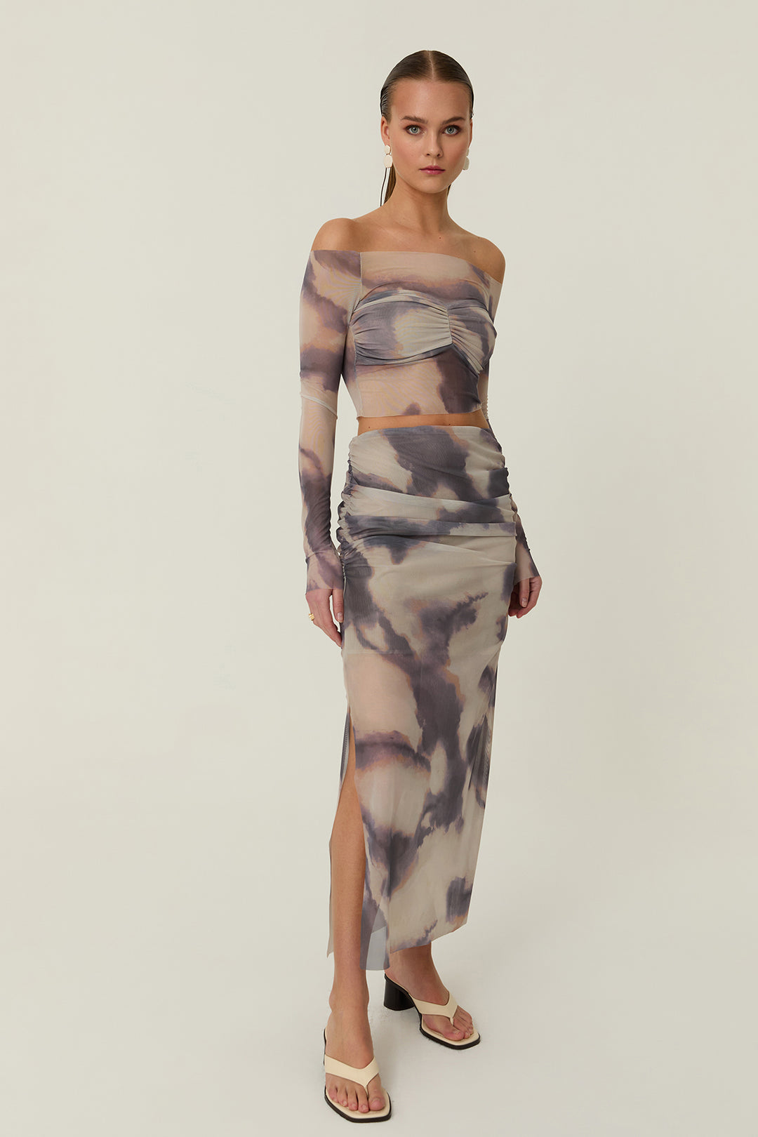 Drape Detaylı Desenli Midi Tül Etek Bej