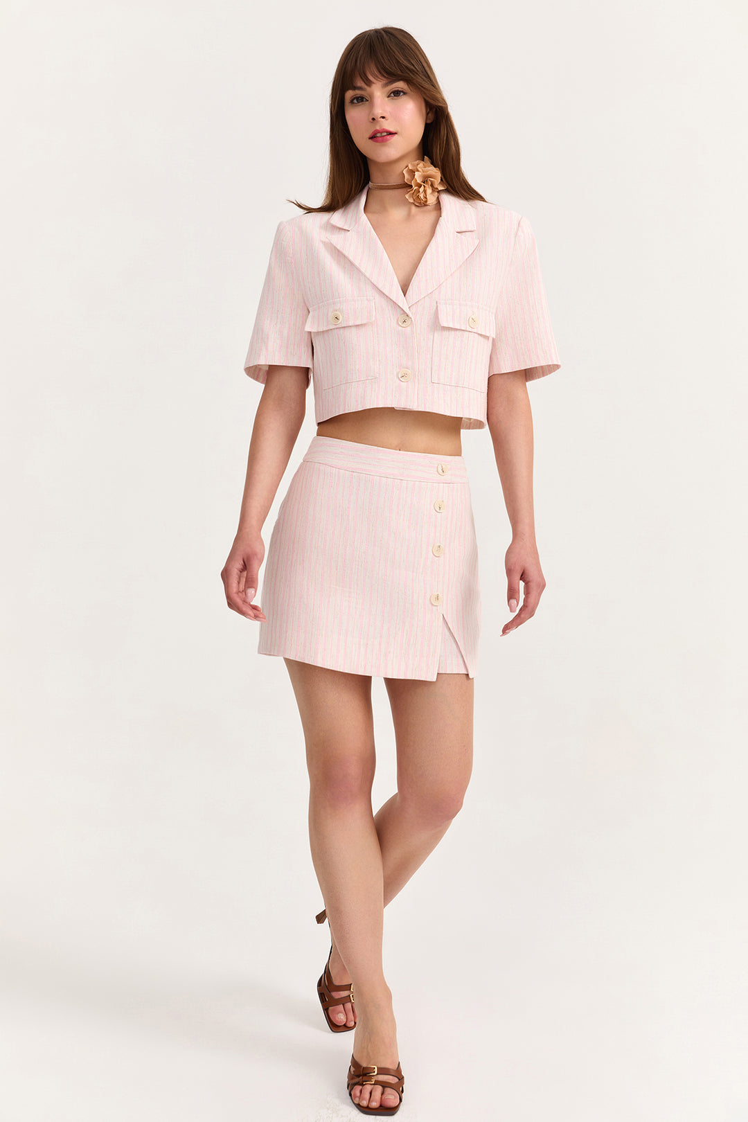 Kruvaze Yaka Cep Detaylı Kısa Ceket Pembe