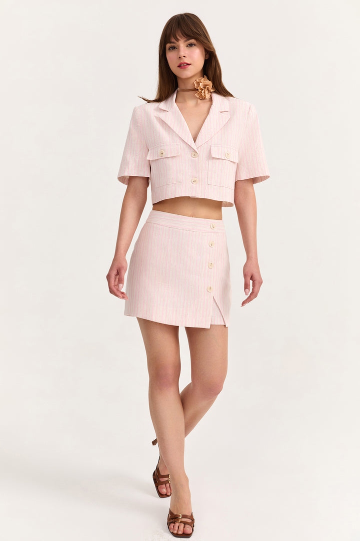 Kruvaze Yaka Cep Detaylı Kısa Ceket Pembe