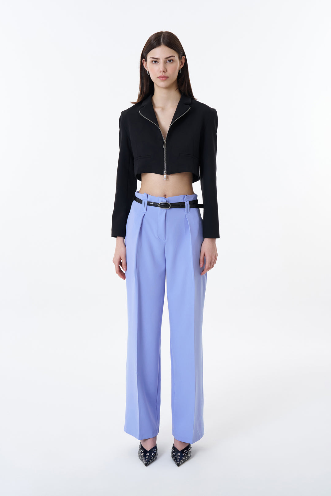 Kemer Detaylı Yüksek Bel Geniş Paça Pantolon Mavi