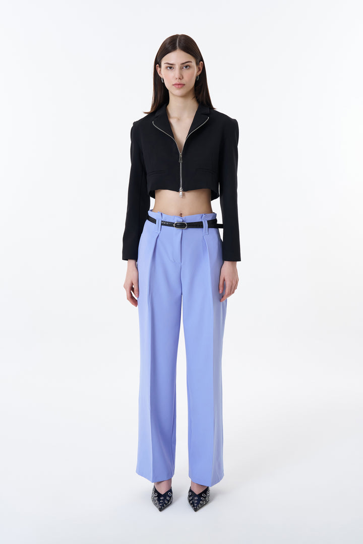 Kemer Detaylı Yüksek Bel Geniş Paça Pantolon Mavi