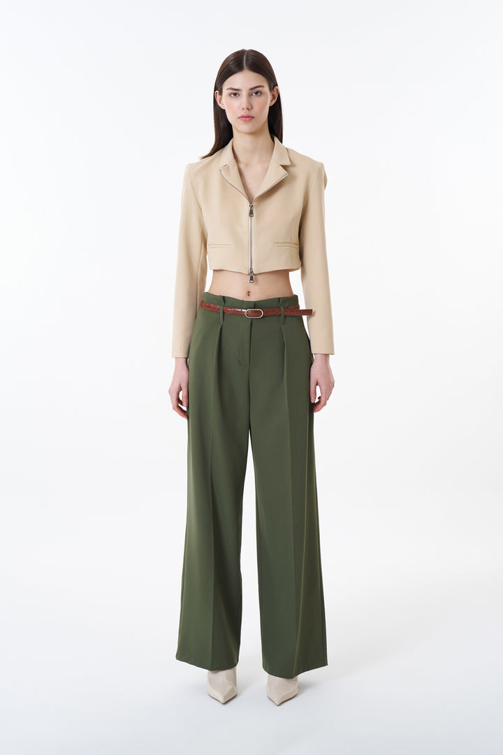 Kemer Detaylı Yüksek Bel Geniş Paça Pantolon Haki
