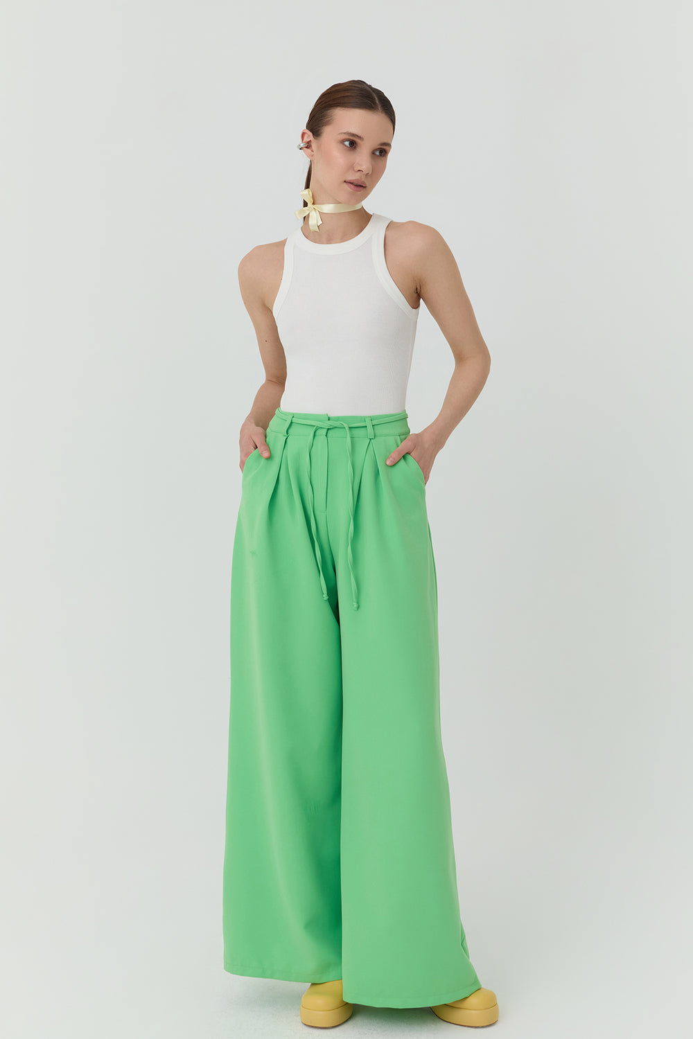 Bağlama Detaylı Geniş Paça Pantolon Yeşil