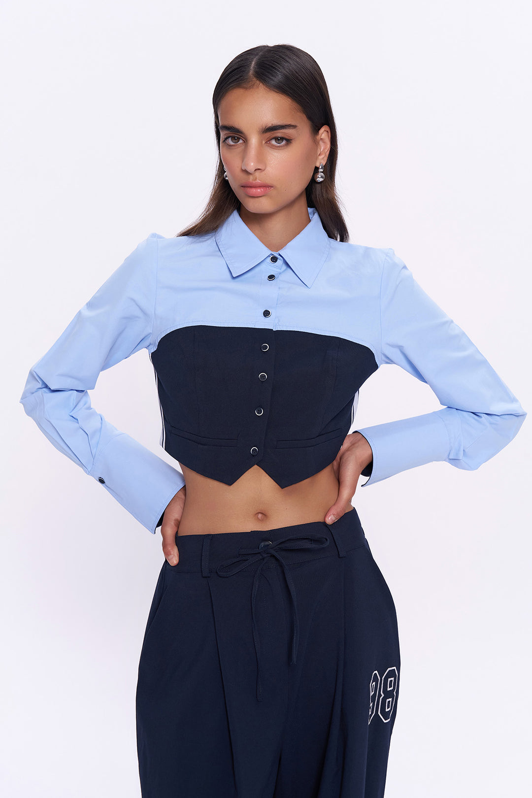 Garni Detaylı Düğmeli Crop Gömlek Mavi
