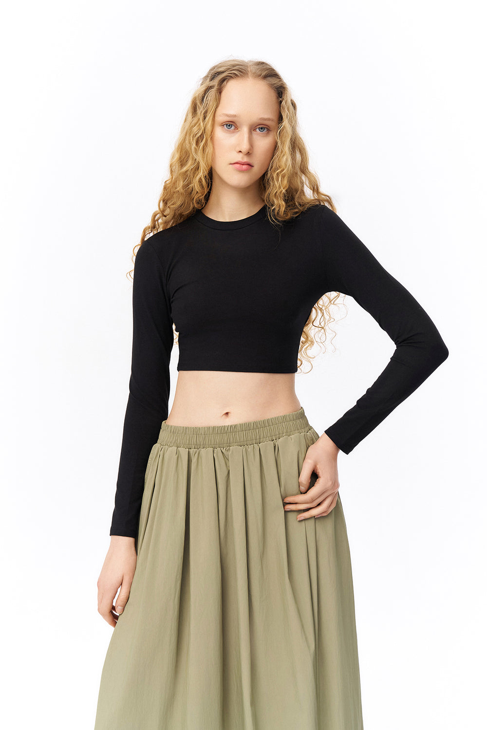 Bisiklet Yaka Uzun Kol Basic Crop Bluz Siyah