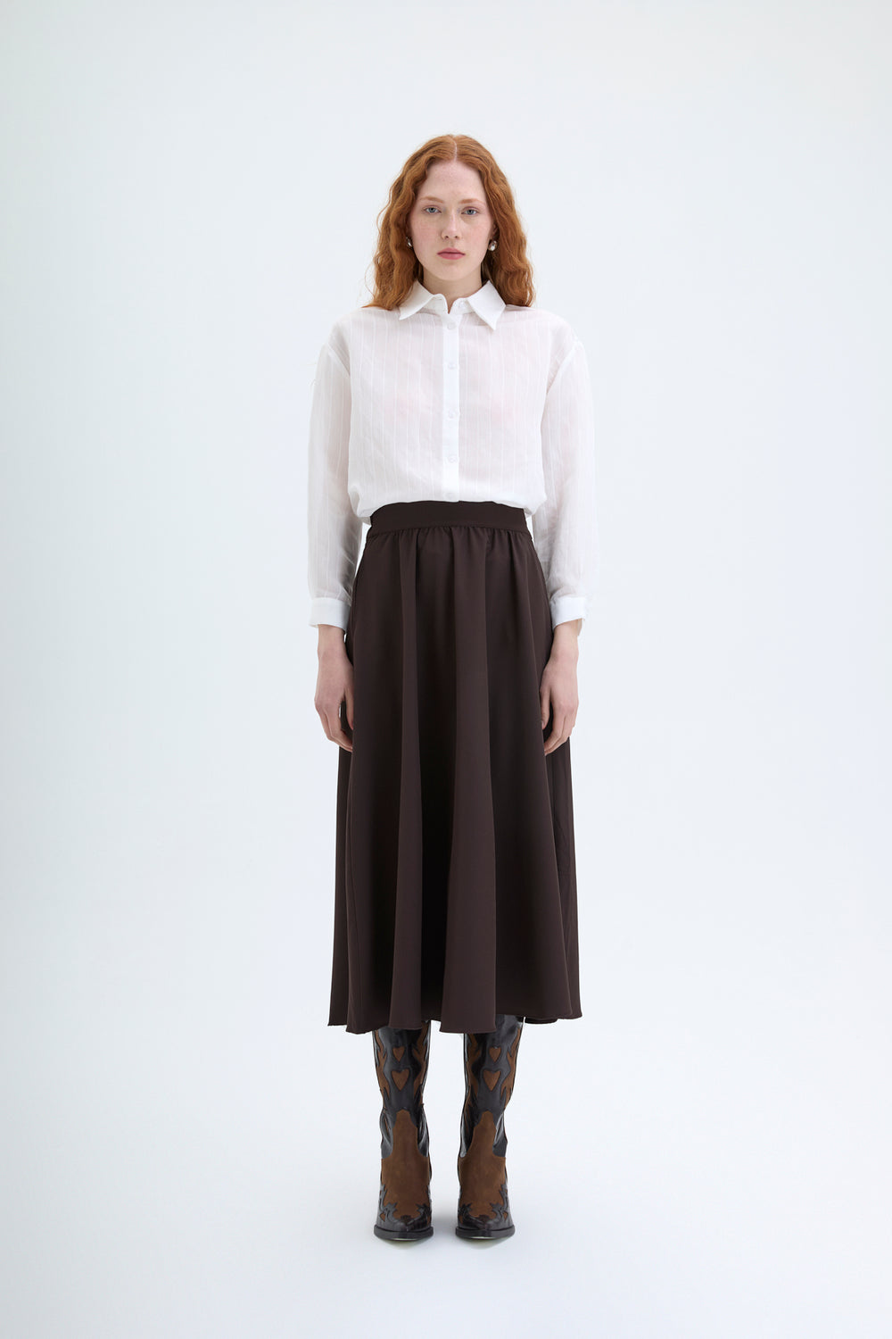 Beli Lastikli Midi Boy Basic Etek Kahverengi