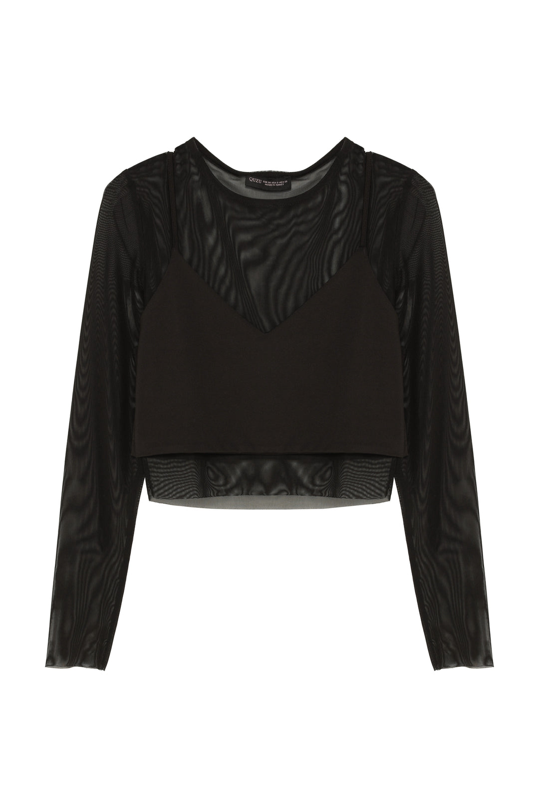 Tül Kol Detaylı Crop Bluz Siyah
