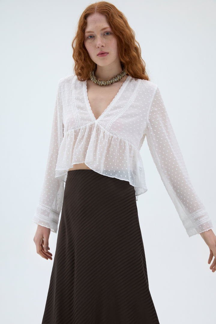 V Yaka Dantelli Tül Bluz Ekru
