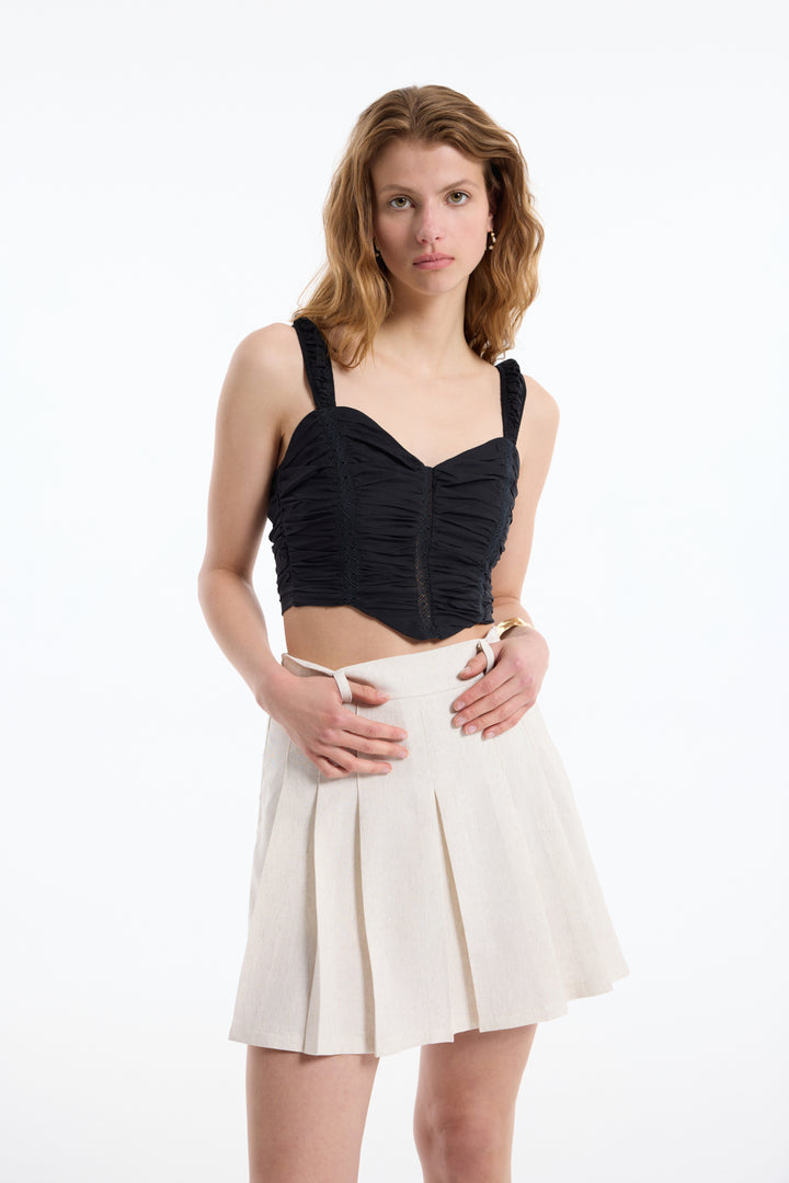 Dantel Detaylı Drapeli Crop Bluz Siyah